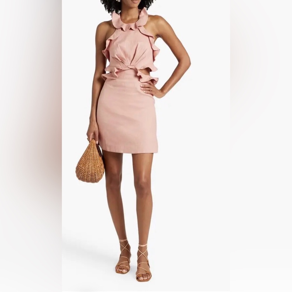 ZIMMERMANN 
Cutout Ruffled Linen Halterneck Mini Dress